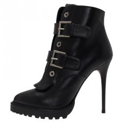 Pre Owned Alexander McQueen Black Buckled Leather Ankle Boots Size 39