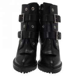 Pre Owned Alexander McQueen Black Buckled Leather Ankle Boots Size 39
