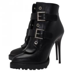 Pre Owned Alexander McQueen Black Buckled Leather Ankle Boots Size 39