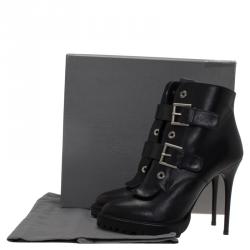 Pre Owned Alexander McQueen Black Buckled Leather Ankle Boots Size 39