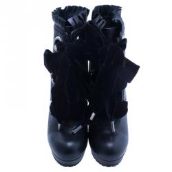 Pre Owned Alexander McQueen Black Leather and Velvet Lace Up Platform Ankle Boots Size 38