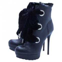 Pre Owned Alexander McQueen Black Leather and Velvet Lace Up Platform Ankle Boots Size 38