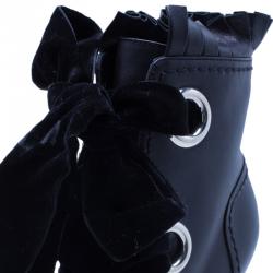 Pre Owned Alexander McQueen Black Leather and Velvet Lace Up Platform Ankle Boots Size 38