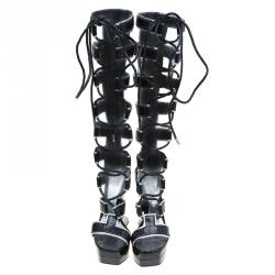 Pre Owned Alexander McQueen Black Glossed Python and Metallic Leather Gladiator Sandals Size 38