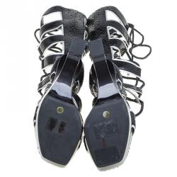 Pre Owned Alexander McQueen Black Glossed Python and Metallic Leather Gladiator Sandals Size 38