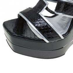 Pre Owned Alexander McQueen Black Glossed Python and Metallic Leather Gladiator Sandals Size 38