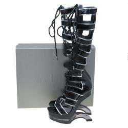 Pre Owned Alexander McQueen Black Glossed Python and Metallic Leather Gladiator Sandals Size 38