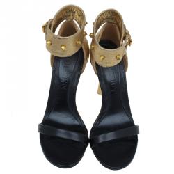 Pre Owned Alexander McQueen Black and Gold Leather Studded Wedge Sandals Size 37