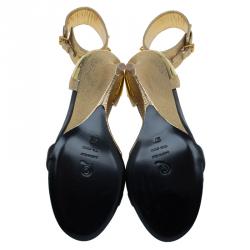 Pre Owned Alexander McQueen Black and Gold Leather Studded Wedge Sandals Size 37