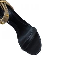 Pre Owned Alexander McQueen Black and Gold Leather Studded Wedge Sandals Size 37