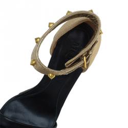 Pre Owned Alexander McQueen Black and Gold Leather Studded Wedge Sandals Size 37