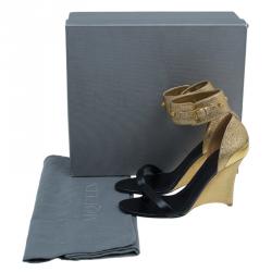 Pre Owned Alexander McQueen Black and Gold Leather Studded Wedge Sandals Size 37