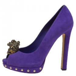 Pre Owned Alexander McQueen Purple Suede Skull Embellished Peep Toe Platform Pumps Size 37.5