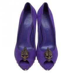 Pre Owned Alexander McQueen Purple Suede Skull Embellished Peep Toe Platform Pumps Size 37.5
