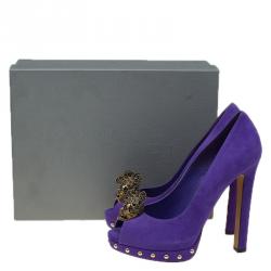 Pre Owned Alexander McQueen Purple Suede Skull Embellished Peep Toe Platform Pumps Size 37.5