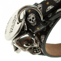 Pre Owned Alexander McQueen Black Leather Double Wrap Skull Charm Bracelet
