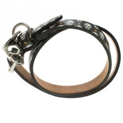 Pre Owned Alexander McQueen Black Leather Double Wrap Skull Charm Bracelet