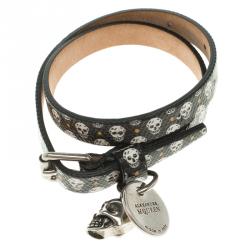 Pre Owned Alexander McQueen Black Leather Double Wrap Skull Charm Bracelet