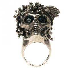 Pre Owned Alexander McQueen Crystal Flower Skull & Butterfly Silver Tone Chunky Ring Size 51