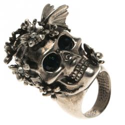 Pre Owned Alexander McQueen Crystal Flower Skull & Butterfly Silver Tone Chunky Ring Size 51