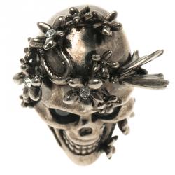 Pre Owned Alexander McQueen Crystal Flower Skull & Butterfly Silver Tone Chunky Ring Size 51