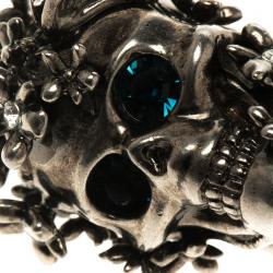Pre Owned Alexander McQueen Crystal Flower Skull & Butterfly Silver Tone Chunky Ring Size 51