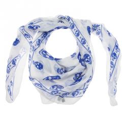 Pre Owned Alexander McQueen White and Blue Skull Silk Chiffon Scarf