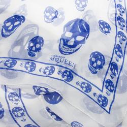 Pre Owned Alexander McQueen White and Blue Skull Silk Chiffon Scarf