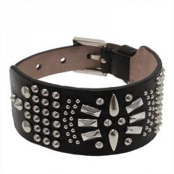 Pre Owned Alexander McQueen Skull Black Leather Stud Bracelet