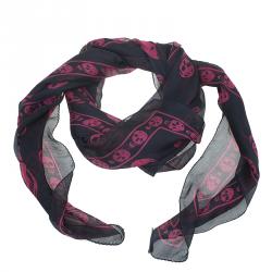 Pre Owned وشاح أليكساندر مكوين نقوش جماجم حرير أسود و وردي