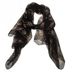 Pre Owned Alexander McQueen Black and Beige Silk Skull Print Scarf