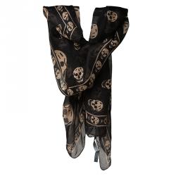 Pre Owned Alexander McQueen Black and Beige Silk Skull Print Scarf
