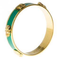 Pre Owned Alexander McQueen 3D Skull Green Gold Tone Bangle Bracelet Size 20