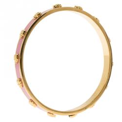 Pre Owned Alexander McQueen Skull Pink Thin Gold Tone Bracelet