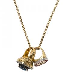 Pre Owned Alexander McQueen Multicolor Crystal Cocktail & Signet Ring Gold Tone Pendant Necklace