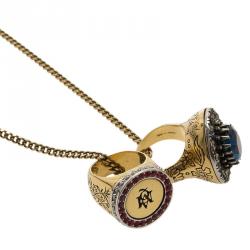 Pre Owned Alexander McQueen Multicolor Crystal Cocktail & Signet Ring Gold Tone Pendant Necklace