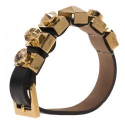 Pre Owned Alexander McQueen Crystal Skull Gold Tone Loops Black Leather Bracelet One Size