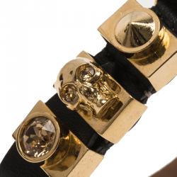 Pre Owned Alexander McQueen Crystal Skull Gold Tone Loops Black Leather Bracelet One Size