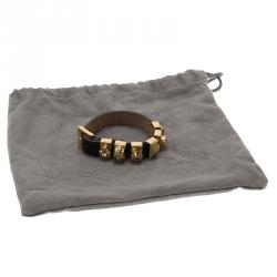 Pre Owned Alexander McQueen Crystal Skull Gold Tone Loops Black Leather Bracelet One Size