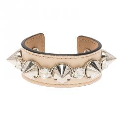 Pre Owned Alexander McQueen Pink Leather Crystal Silver Tone Spiked Wide Open Cuff Bracelet 16cm