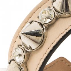 Pre Owned Alexander McQueen Pink Leather Crystal Silver Tone Spiked Wide Open Cuff Bracelet 16cm