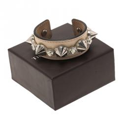 Pre Owned Alexander McQueen Pink Leather Crystal Silver Tone Spiked Wide Open Cuff Bracelet 16cm