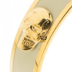 Alexander McQueen 3D Skull Beige Enamel Gold Tone Wide Bangle 20cm