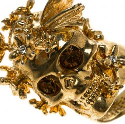 Pre Owned Alexander McQueen Butterfly and Flower Gold Tone Skull Ring Size 50