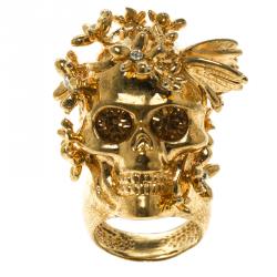 Pre Owned Alexander McQueen Butterfly and Flower Gold Tone Skull Ring Size 50