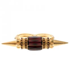 Pre Owned Alexander Mcqueen Crystal Spike Gold Tone Two Finger Ring Size 56