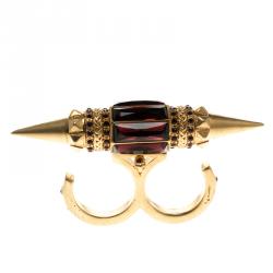 Pre Owned Alexander Mcqueen Crystal Spike Gold Tone Two Finger Ring Size 56