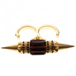 Pre Owned Alexander Mcqueen Crystal Spike Gold Tone Two Finger Ring Size 56