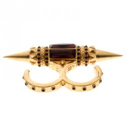 Pre Owned Alexander Mcqueen Crystal Spike Gold Tone Two Finger Ring Size 56