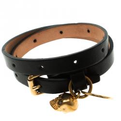 Pre Owned Alexander McQueen Black Leather Gold Tone Skull Charm Double Wrap Bracelet